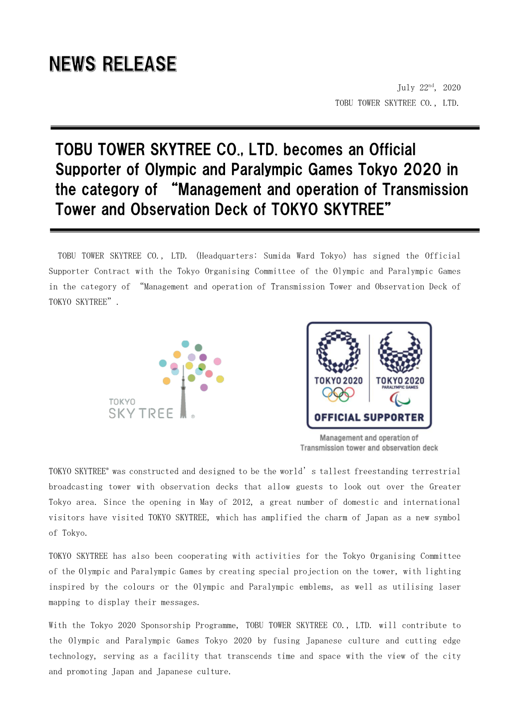 TOBU TOWER SKYTREE CO., LTD. Becomes an Official Supporter Of