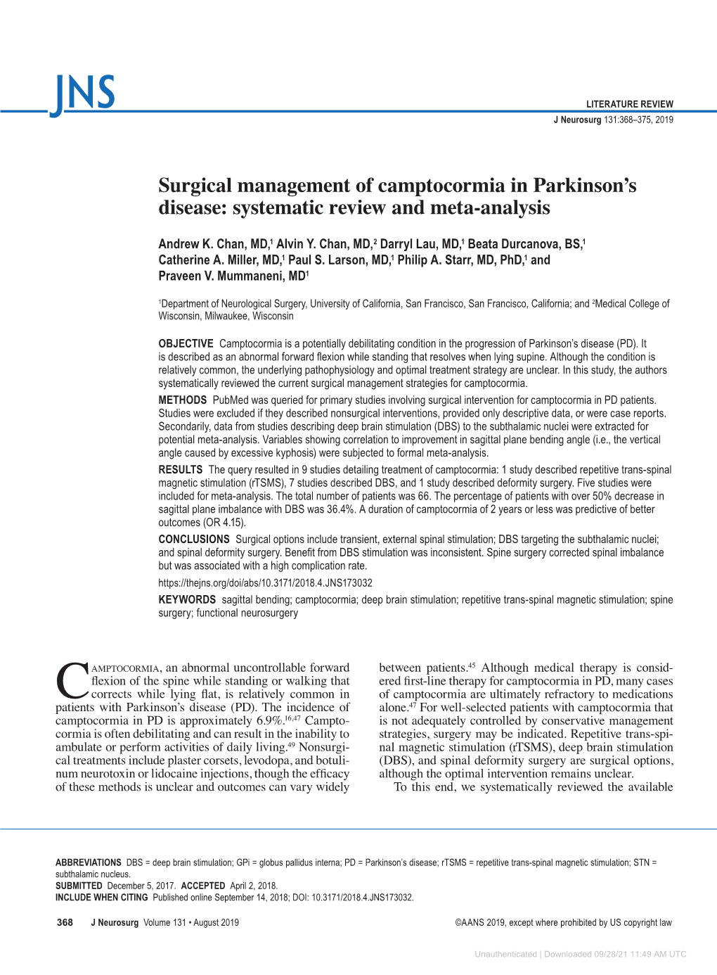 Surgical Management of Camptocormia in Parkinson's Disease