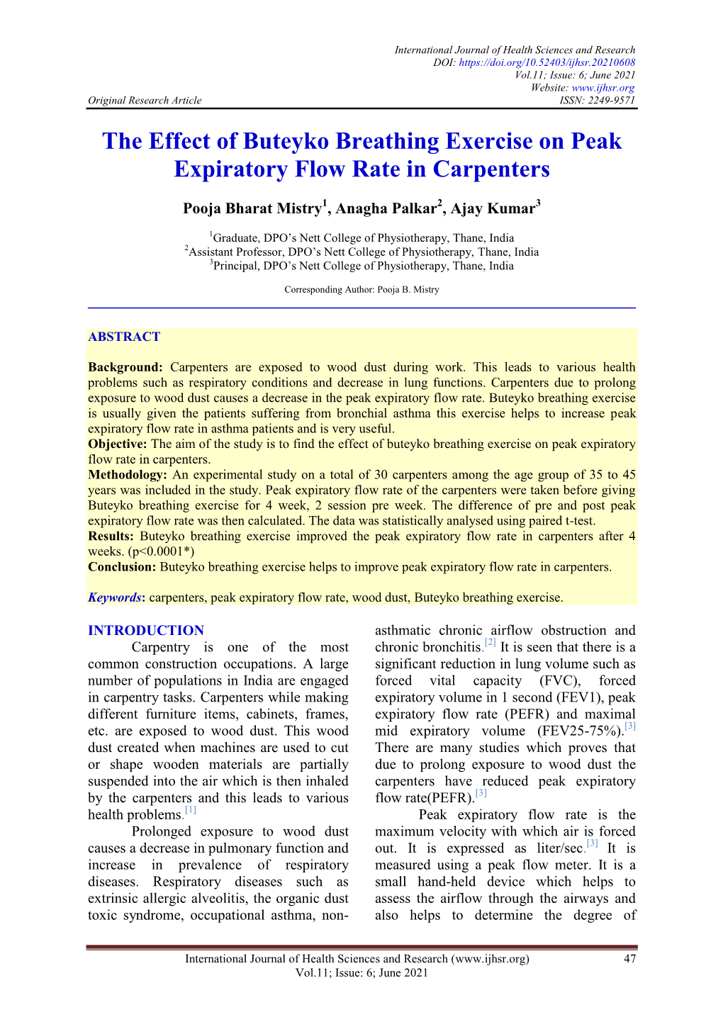 The Effect of Buteyko Breathing Exercise on Peak Expiratory Flow Rate in Carpenters