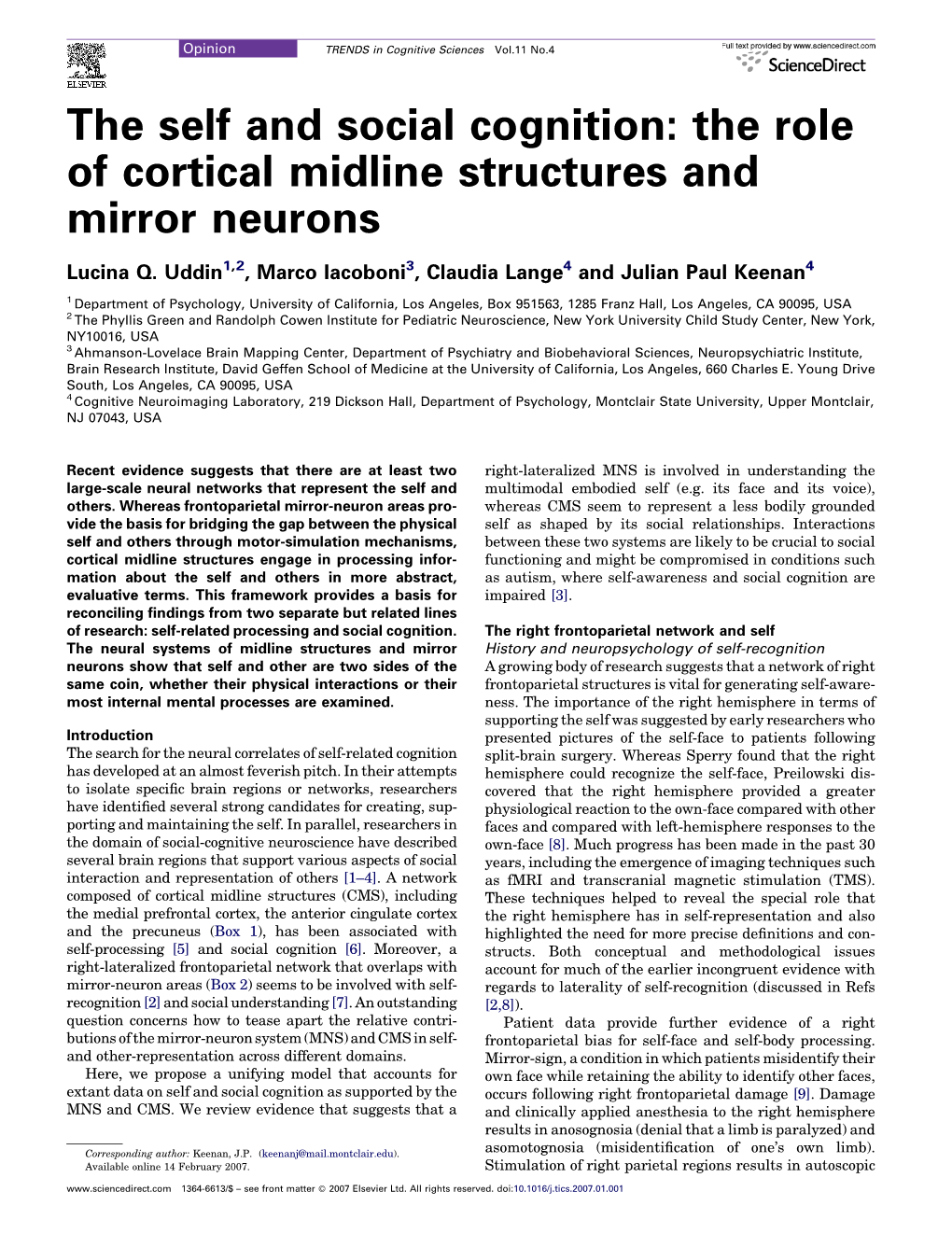 The Self and Social Cognition: the Role of Cortical Midline Structures and Mirror Neurons