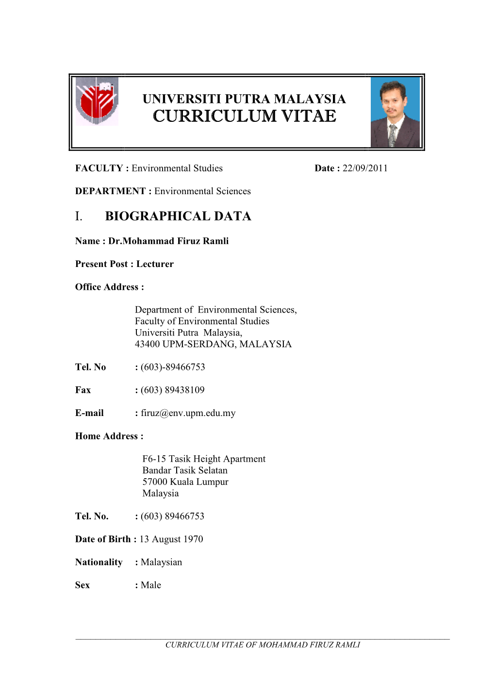 Universiti Putra Malaysia Curriculum Vitae