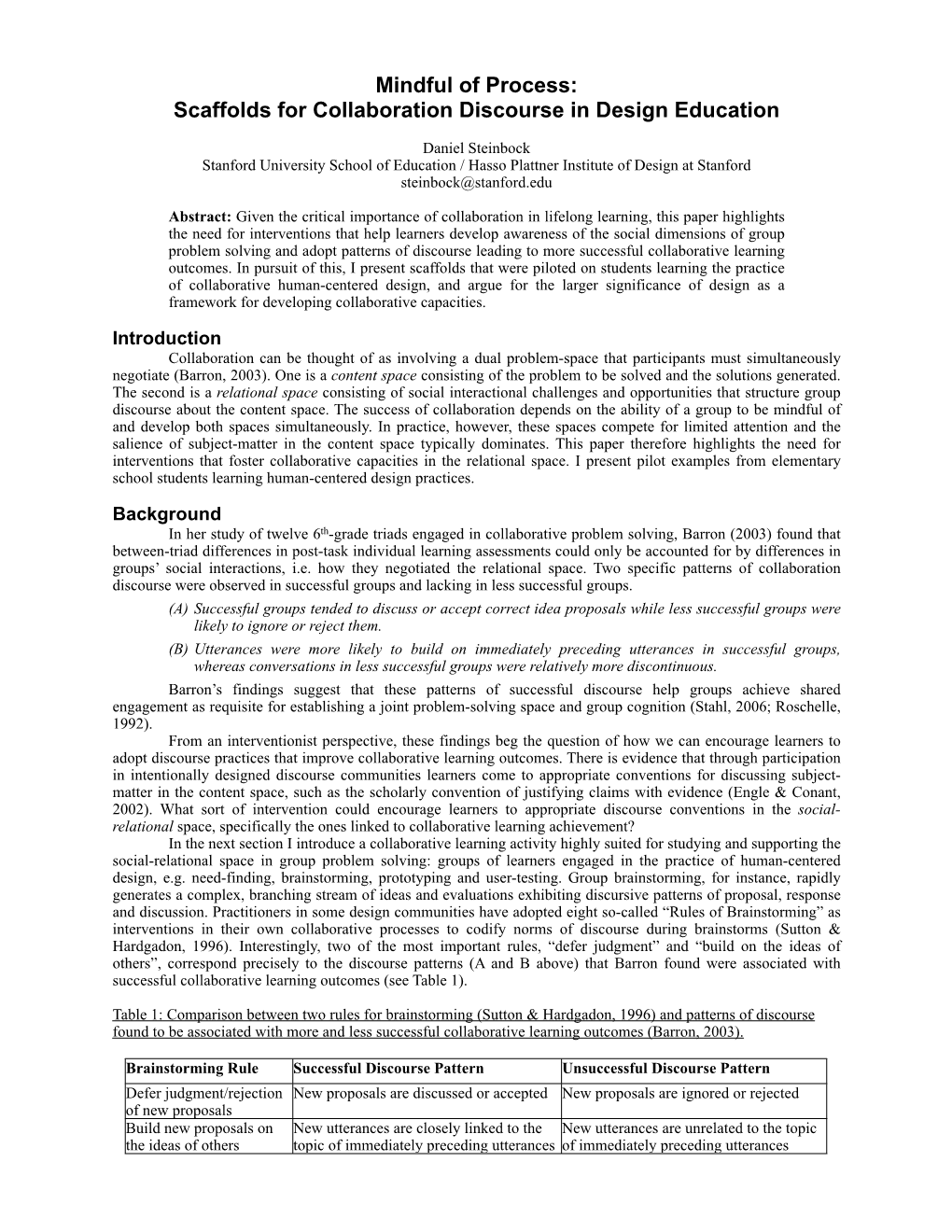 Mindful of Process: Scaffolds for Collaboration Discourse in Design Education