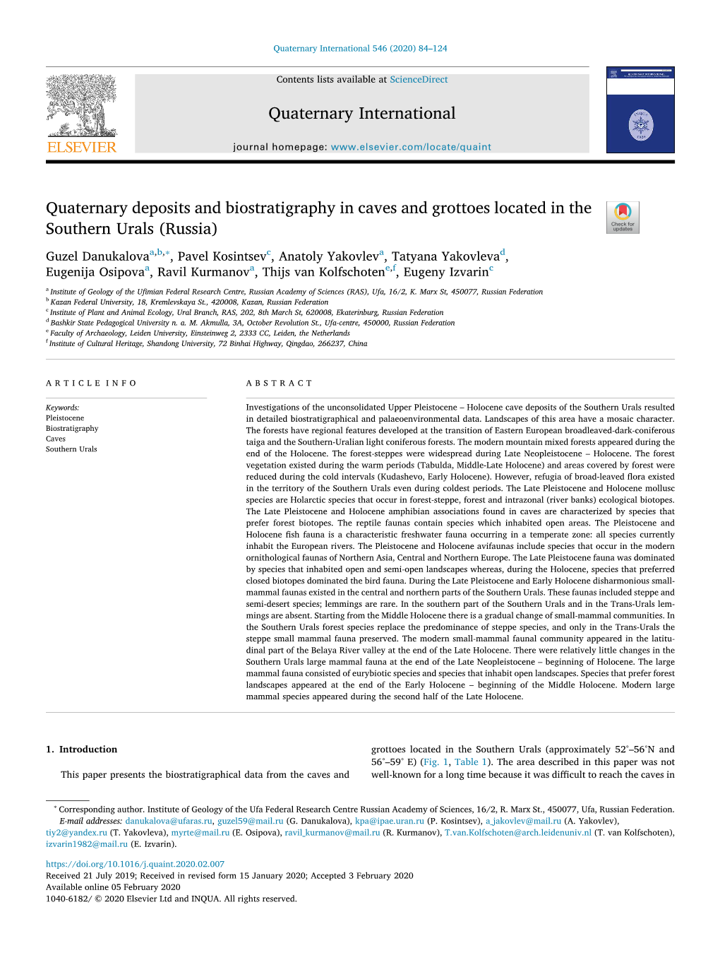 Quaternary Deposits and Biostratigraphy in Caves and Grottoes Located in the Southern Urals