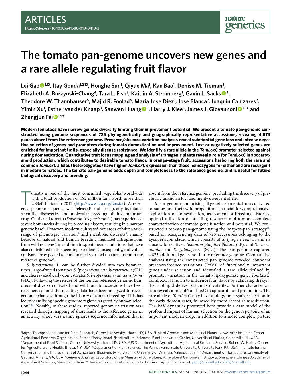 The Tomato Pan-Genome Uncovers New Genes and a Rare Allele Regulating Fruit Flavor