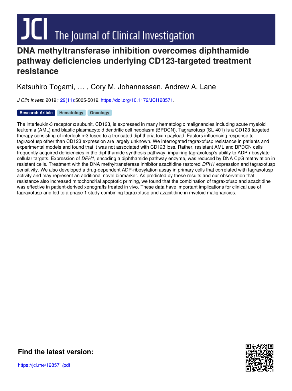 DNA Methyltransferase Inhibition Overcomes Diphthamide Pathway Deficiencies Underlying CD123-Targeted Treatment Resistance