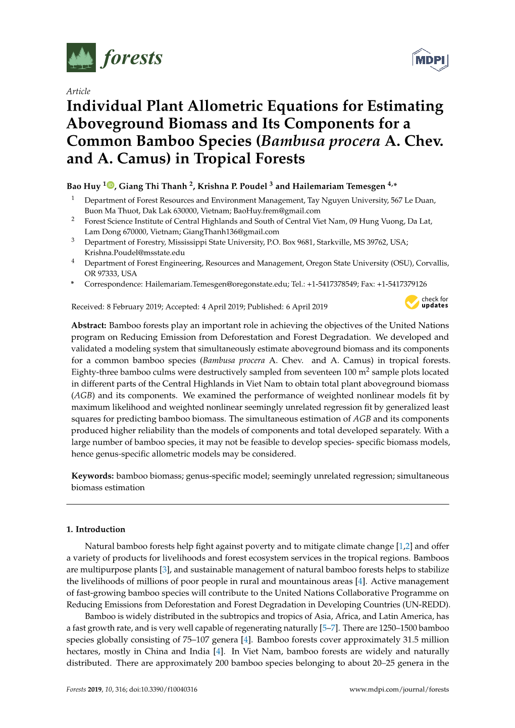 Individual Plant Allometric Equations for Estimating Aboveground Biomass and Its Components for a Common Bamboo Species (Bambusa Procera A