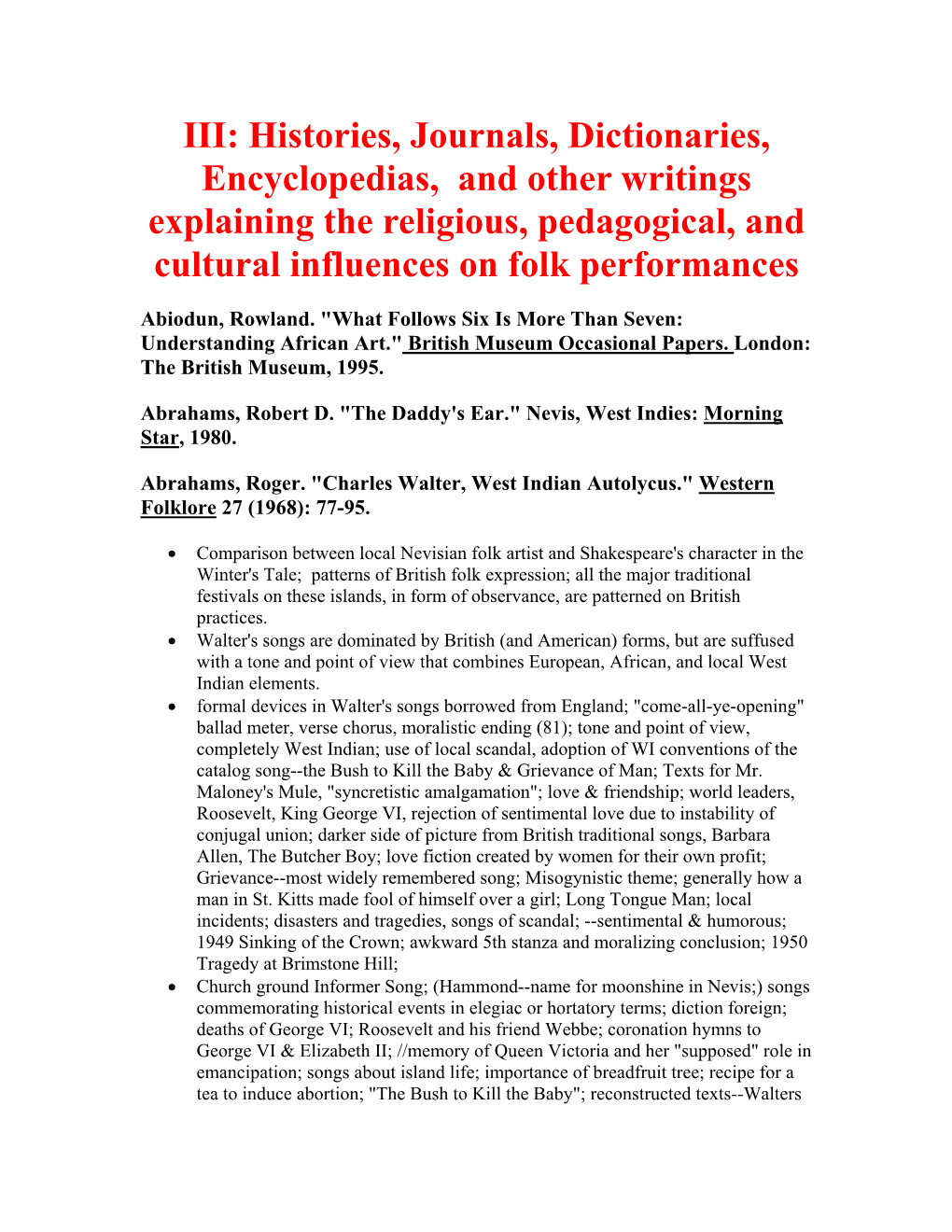 III: Histories, Journals, Dictionaries, Encyclopedias, and Other Writings Explaining the Religious, Pedagogical, and Cultural Influences on Folk Performances