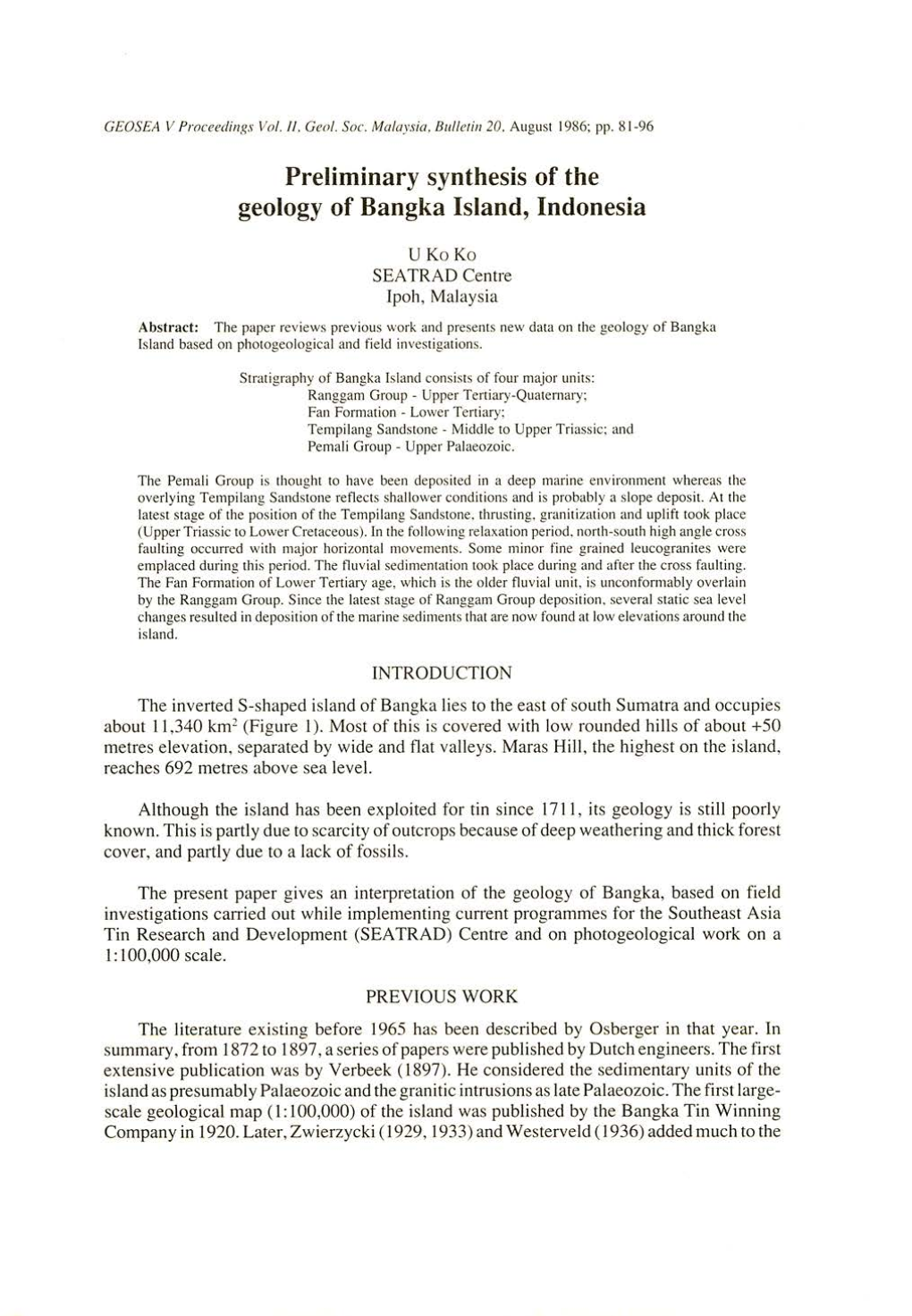 Preliminary Synthesis of the Geology of Bangka Island, Indonesia