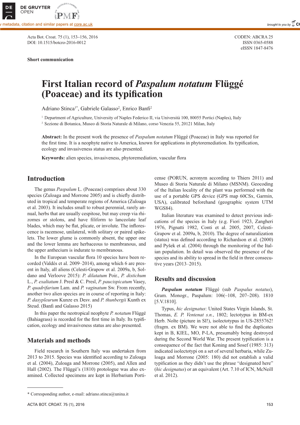 First Italian Record of Paspalum Notatum Flüggé (Poaceae) and Its Typiﬁ Cation