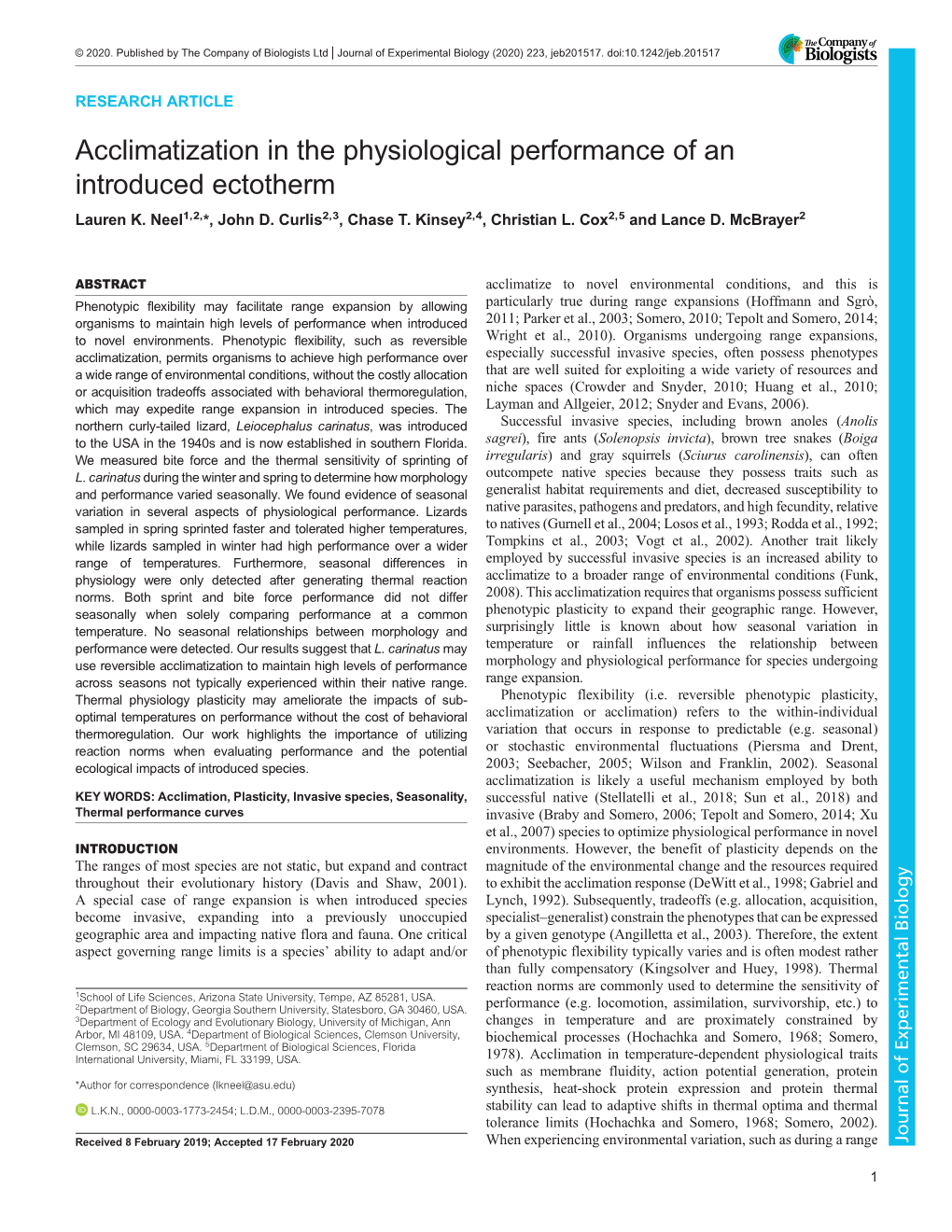 Acclimatization in the Physiological Performance of an Introduced Ectotherm Lauren K