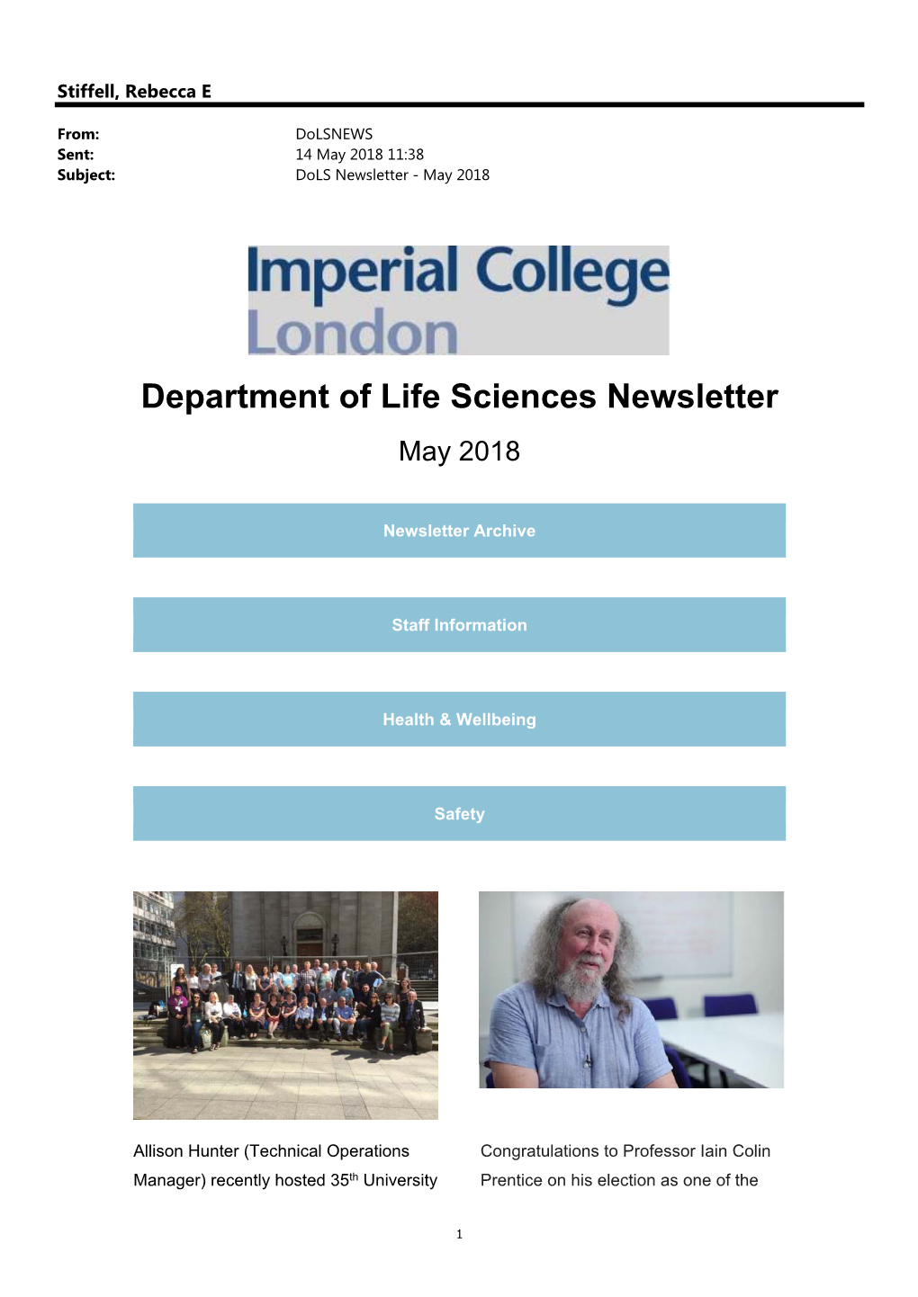 Department of Life Sciences Newsletter