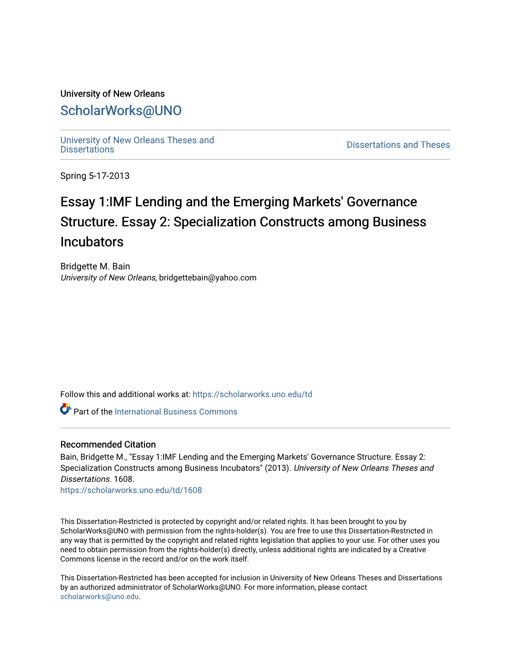 Essay 1:IMF Lending and the Emerging Markets' Governance Structure