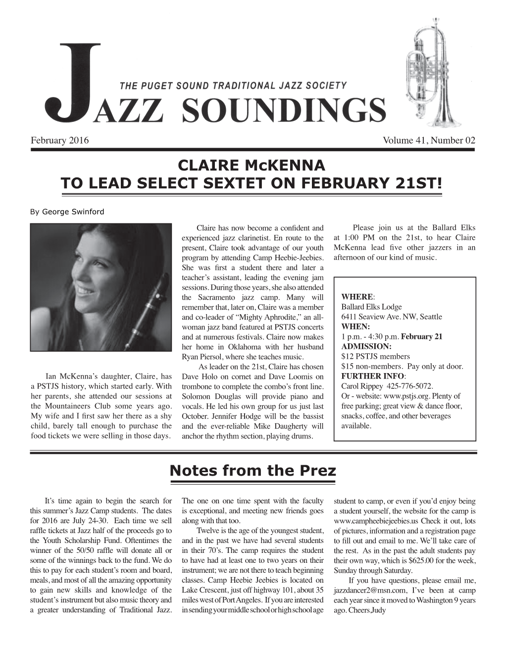 CLAIRE Mckenna to LEAD SELECT SEXTET on FEBRUARY 21ST!