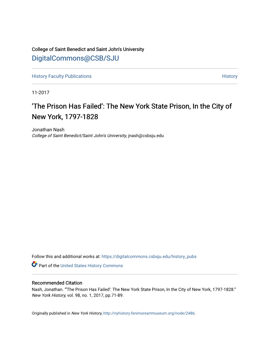 The New York State Prison, in the City of New York, 1797-1828