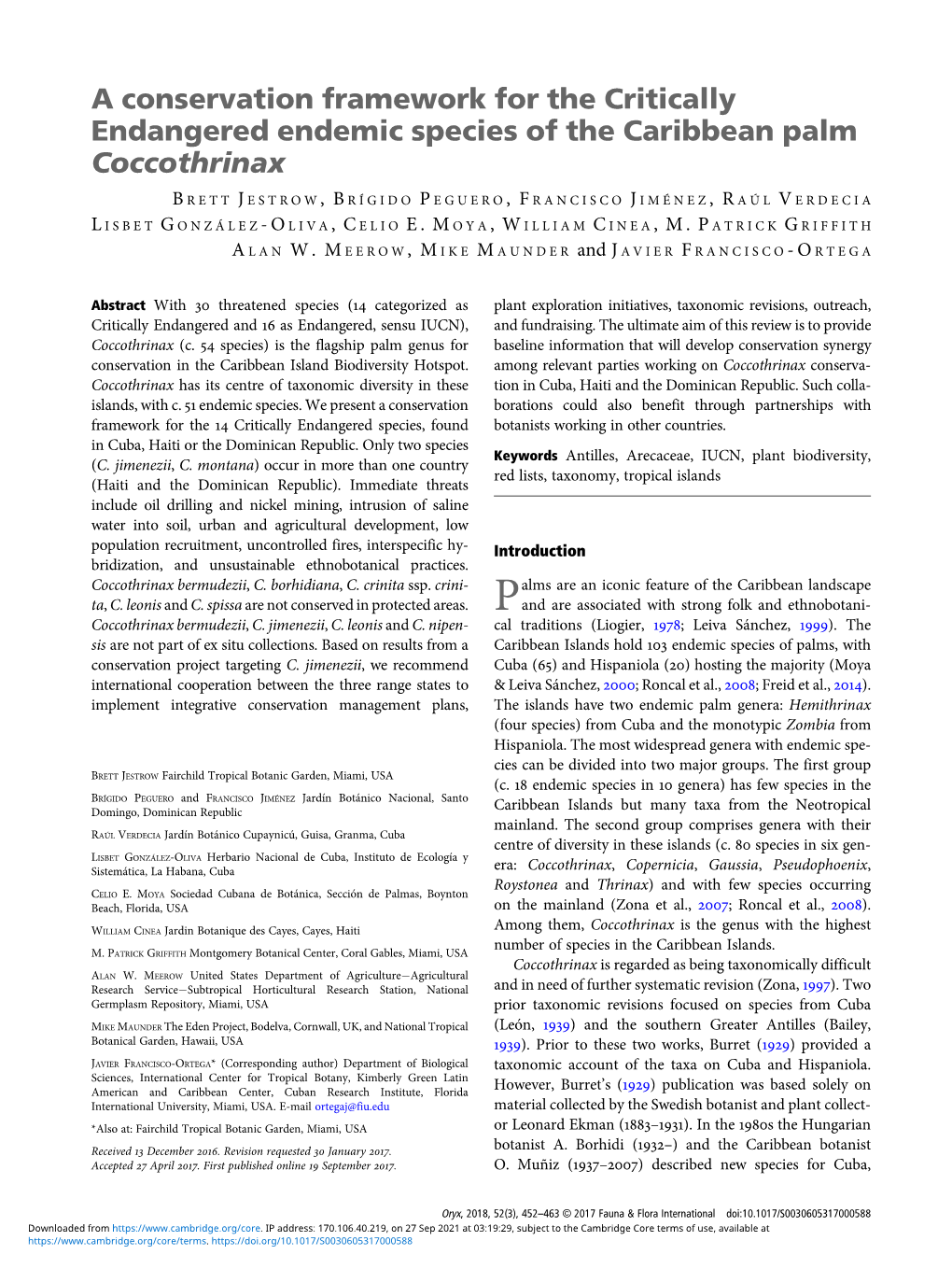 A Conservation Framework for the Critically Endangered Endemic Species of the Caribbean Palm Coccothrinax