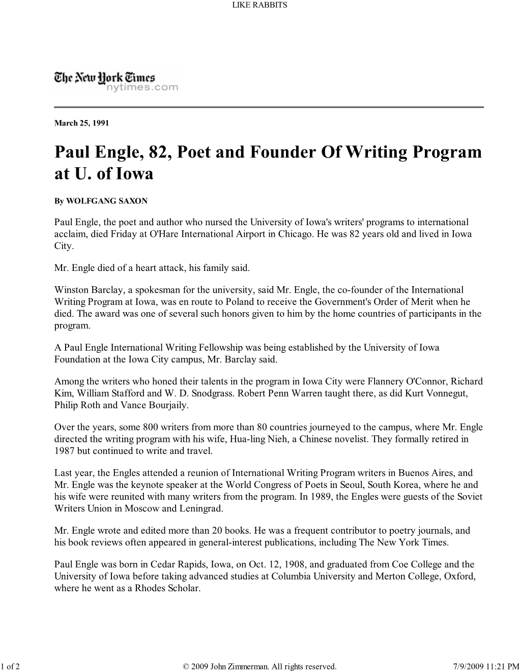 Paul Engle, 82, Poet and Founder of Writing Program at U