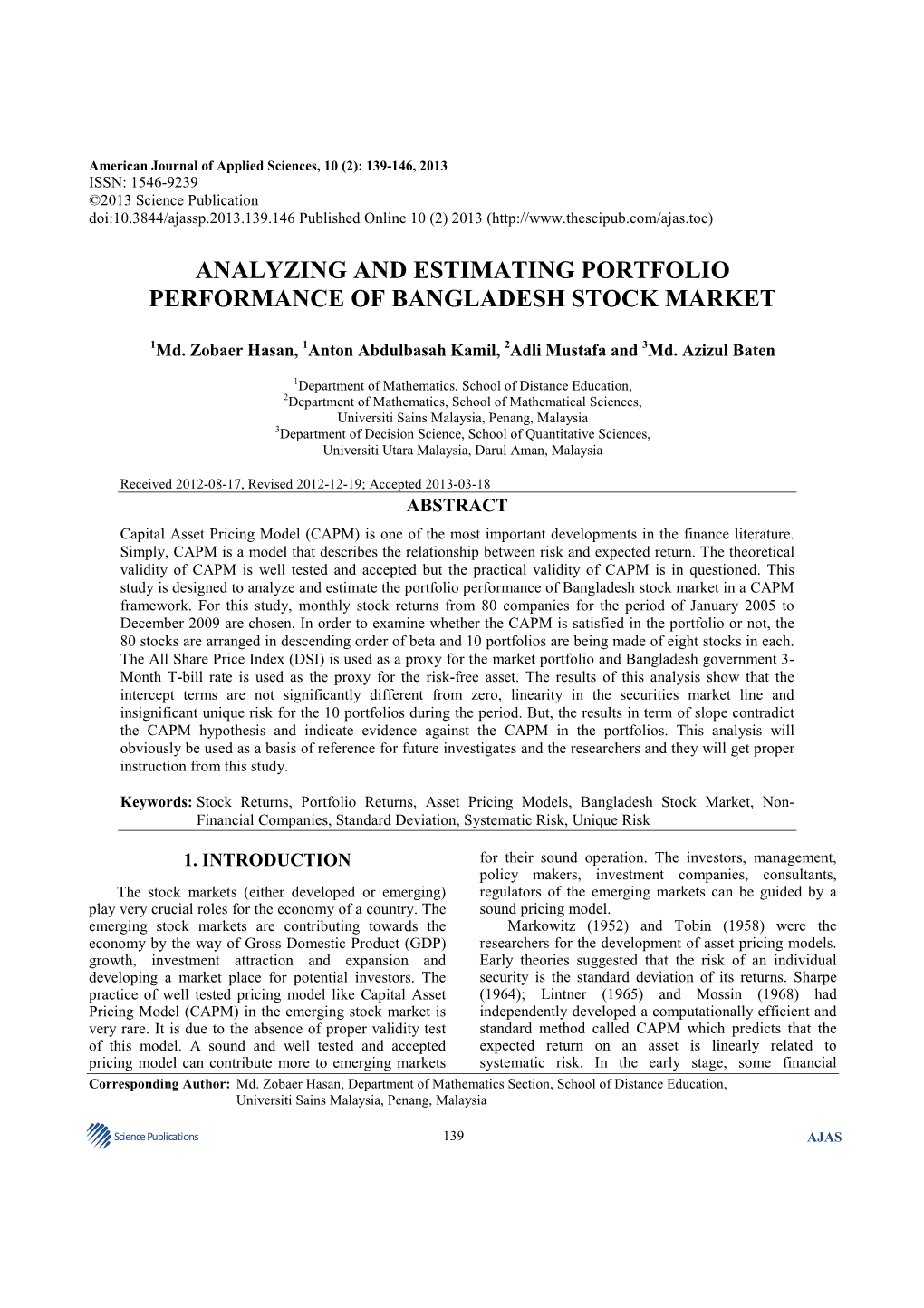 Analyzing and Estimating Portfolio Performance of Bangladesh Stock Market