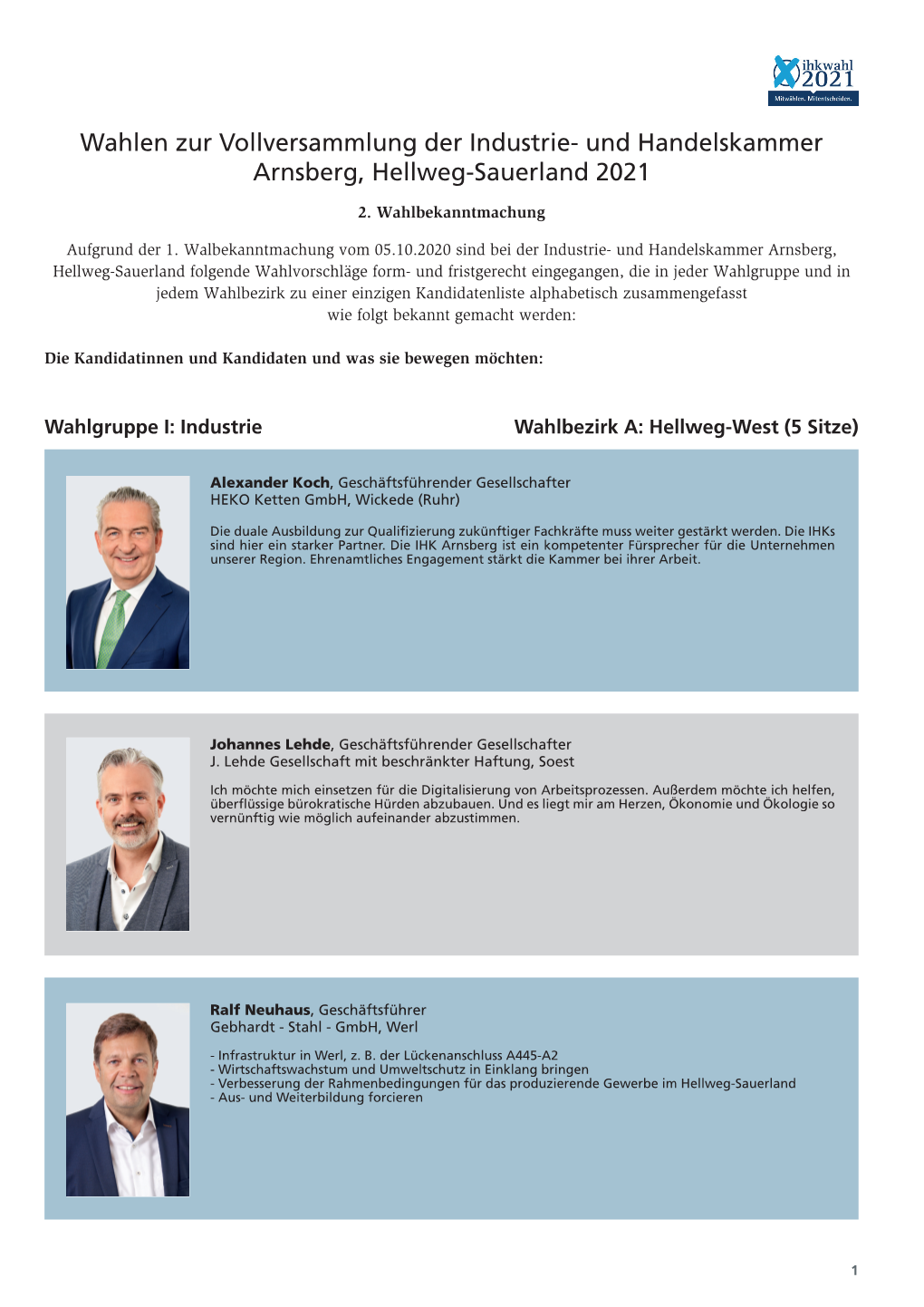 Wahlen Zur Vollversammlung Der Industrie- Und Handelskammer Arnsberg, Hellweg-Sauerland 2021