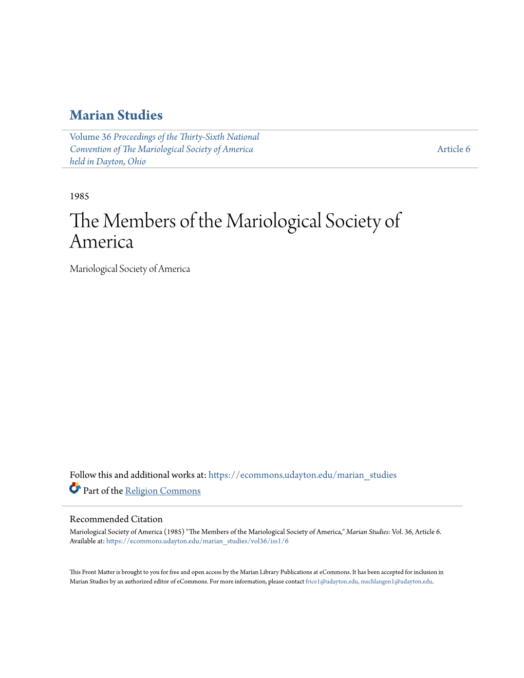 The Members of the Mariological Society of America