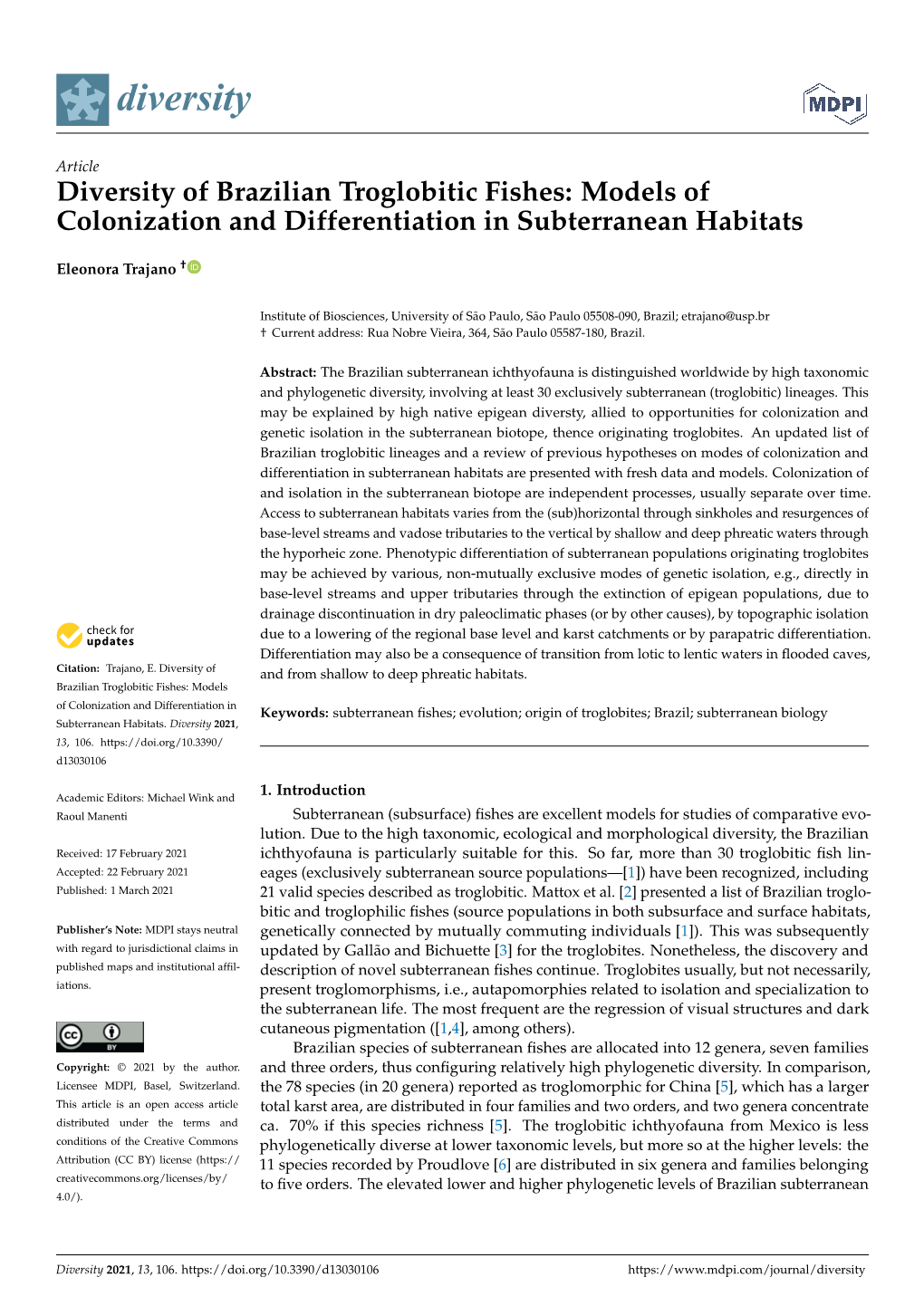 Diversity of Brazilian Troglobitic Fishes: Models of Colonization and Differentiation in Subterranean Habitats