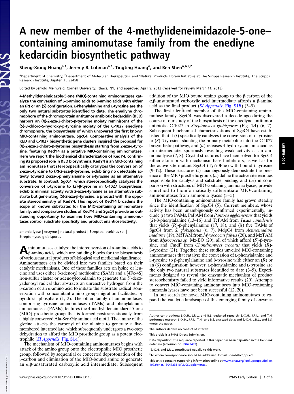 Containing Aminomutase Family from the Enediyne Kedarcidin Biosynthetic Pathway