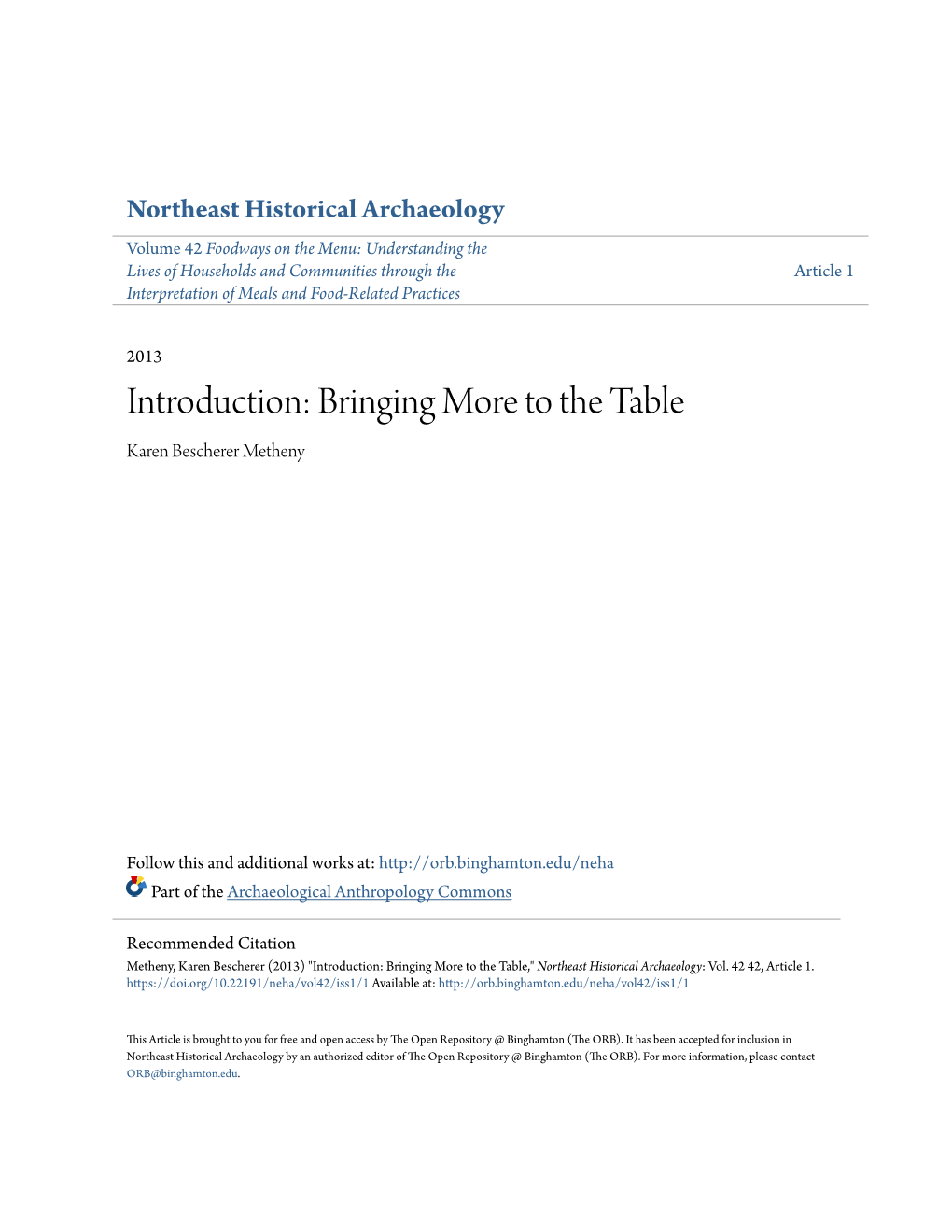 Introduction: Bringing More to the Table Karen Bescherer Metheny