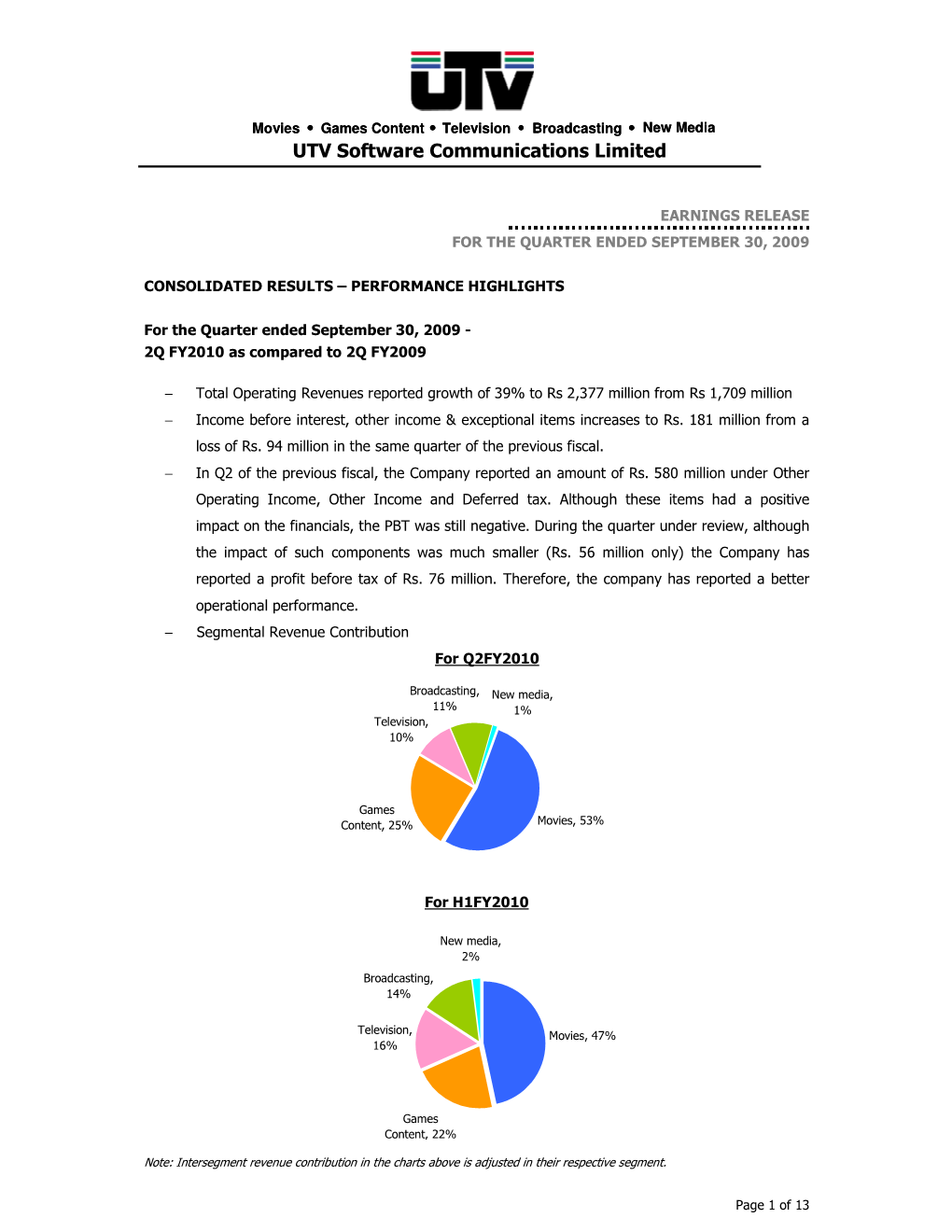 UTV Earnings Release 2Q-FY2010