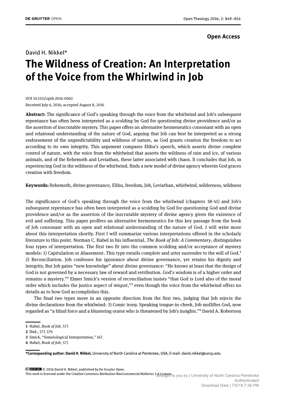 The Wildness of Creation: an Interpretation of the Voice from the Whirlwind in Job