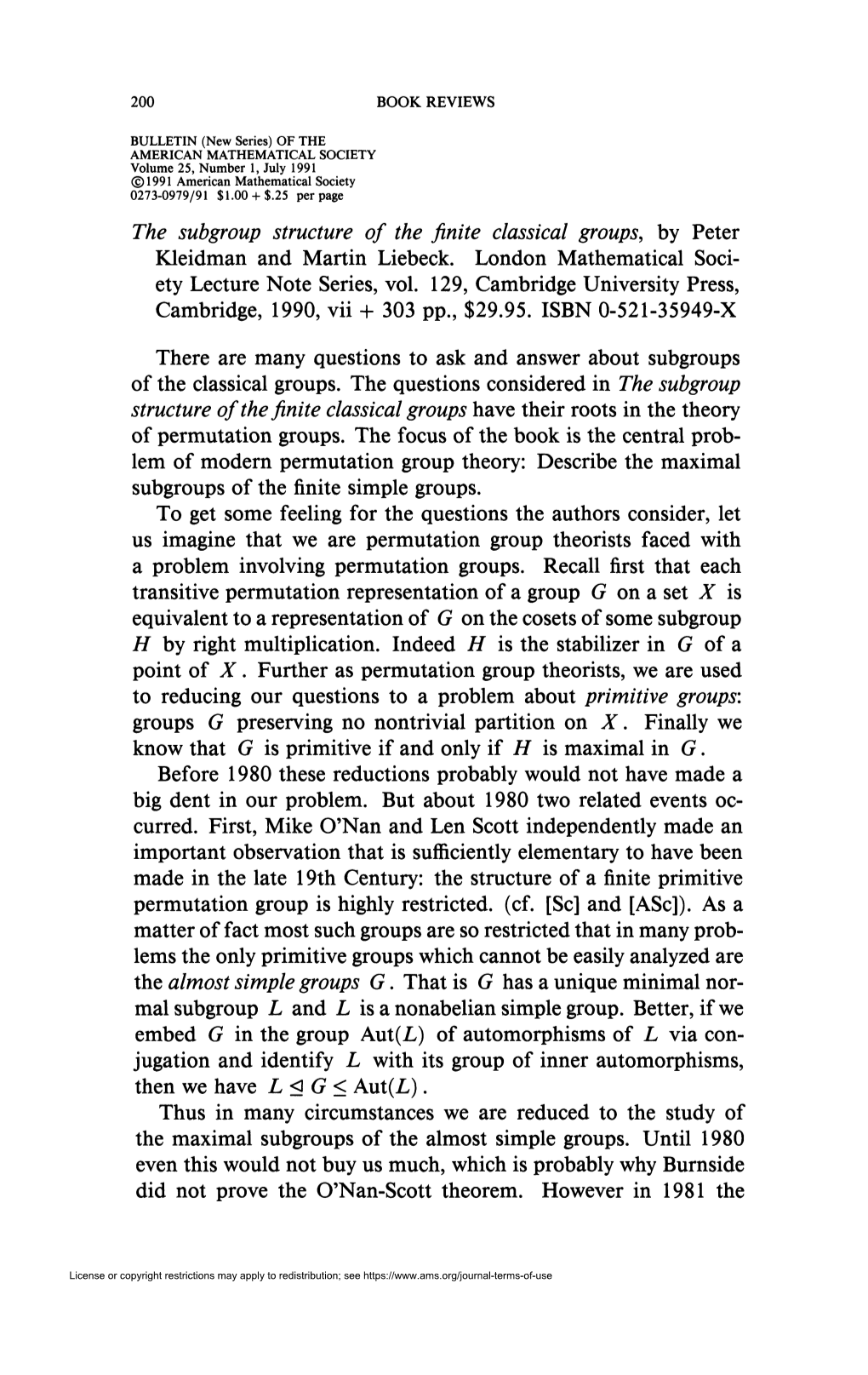 The Subgroup Structure of the Finite Classical Groups, by Peter Kleidman and Martin Liebeck