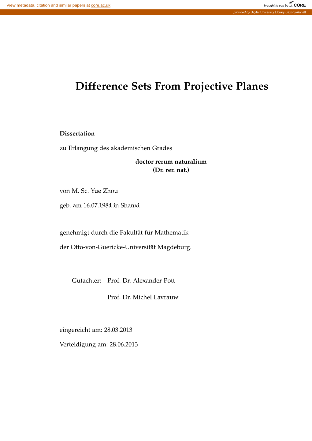 Difference Sets from Projective Planes