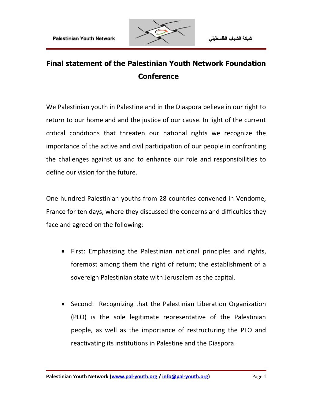 Final Statement of the Palestinian Youth Network Foundation Conference