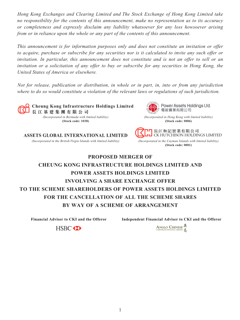 Proposed Merger of Cheung Kong Infrastructure Holdings Limited and Power Assets Holdings Limited Involving a Share Exchange Offe