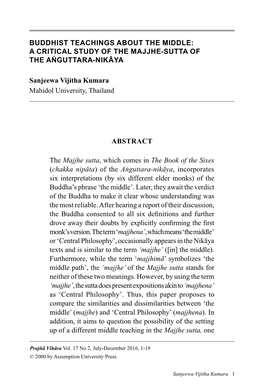 Buddhist Teachings About the Middle: a Critical Study of the Majjhe-Sutta of the Aṅguttara-Nikāya