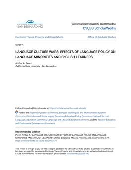Language Culture Wars: Effects of Language Policy on Language Minorities and English Learners