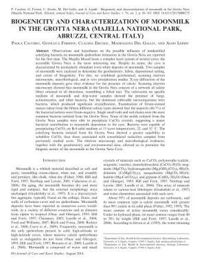 Biogenicity and Characterization of Moonmilk in the Grotta Nera (Majella National Park, Abruzzi, Central Italy)
