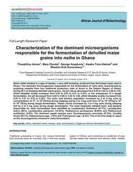 Characterization of the Dominant Microorganisms Responsible for the Fermentation of Dehulled Maize Grains Into Nsiho in Ghana