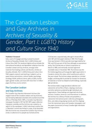 Canadian Lesbian and Gay Archives in Archives of Sexuality & Gender, Part I: LGBTQ History and Culture Since 1940