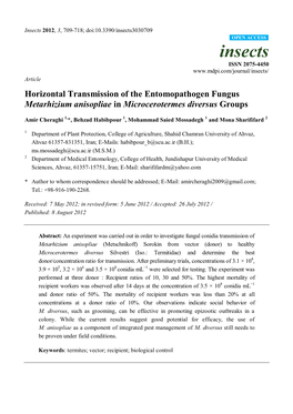 Horizontal Transmission of the Entomopathogen Fungus Metarhizium Anisopliae in Microcerotermes Diversus Groups