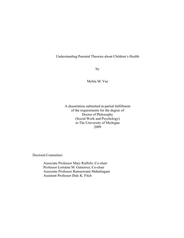 Understanding Parental Theories About Children's Health by Melita M. Vaz a Dissertation Submitted in Partial Fulfillment of Th