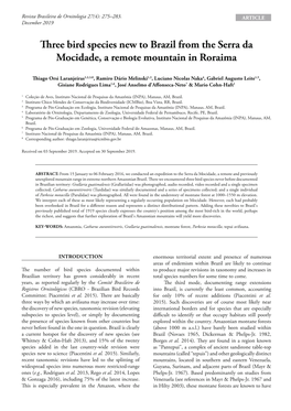 Three Bird Species New to Brazil from the Serra Da Mocidade, a Remote Mountain in Roraima