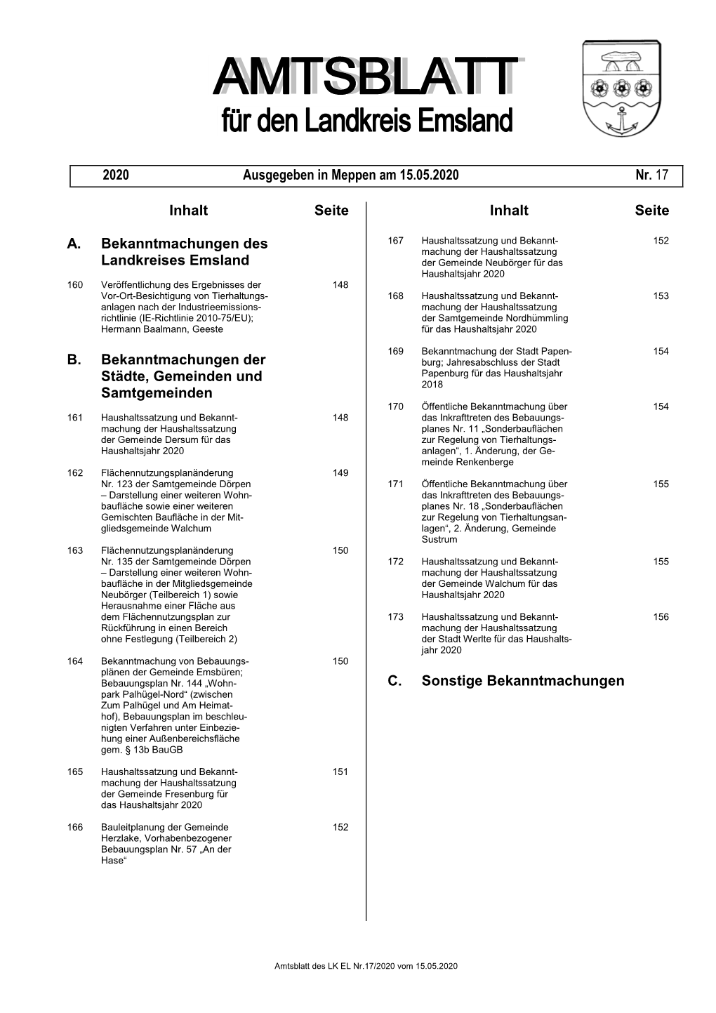 Inhalt Seite A. Bekanntmachungen Des Landkreises Emsland B