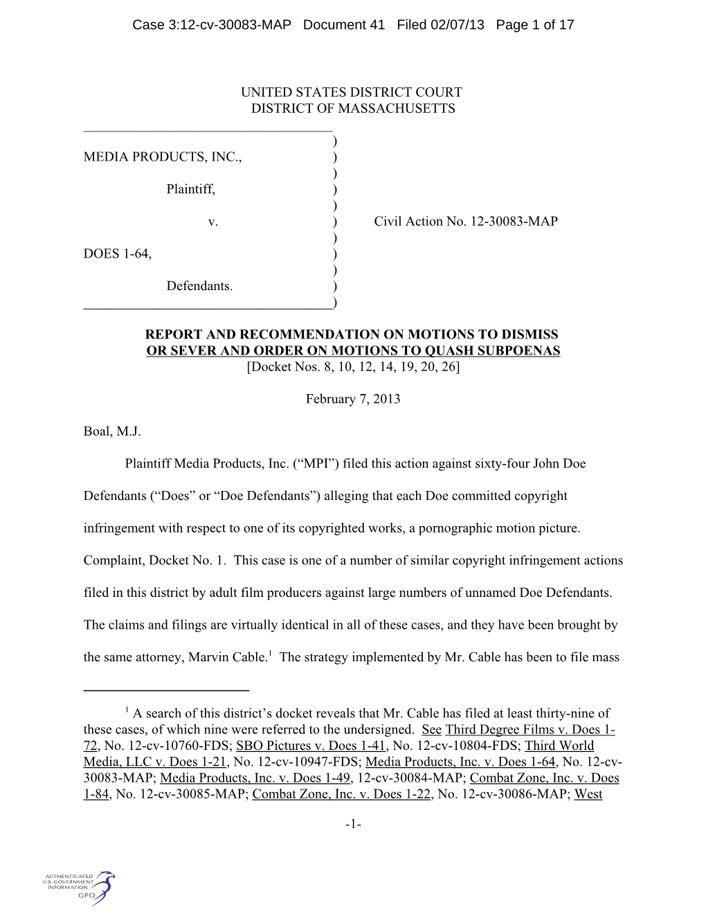 1 a Search of This District's Docket Reveals That Mr. Cable