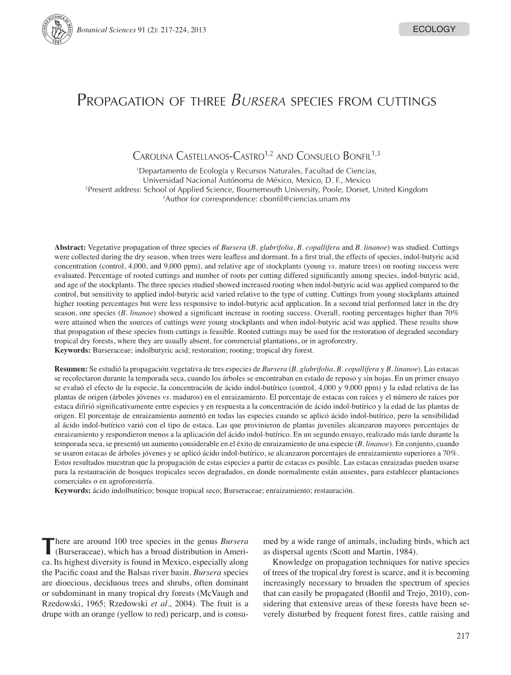 Propagation of Three Bursera Species from Cuttings