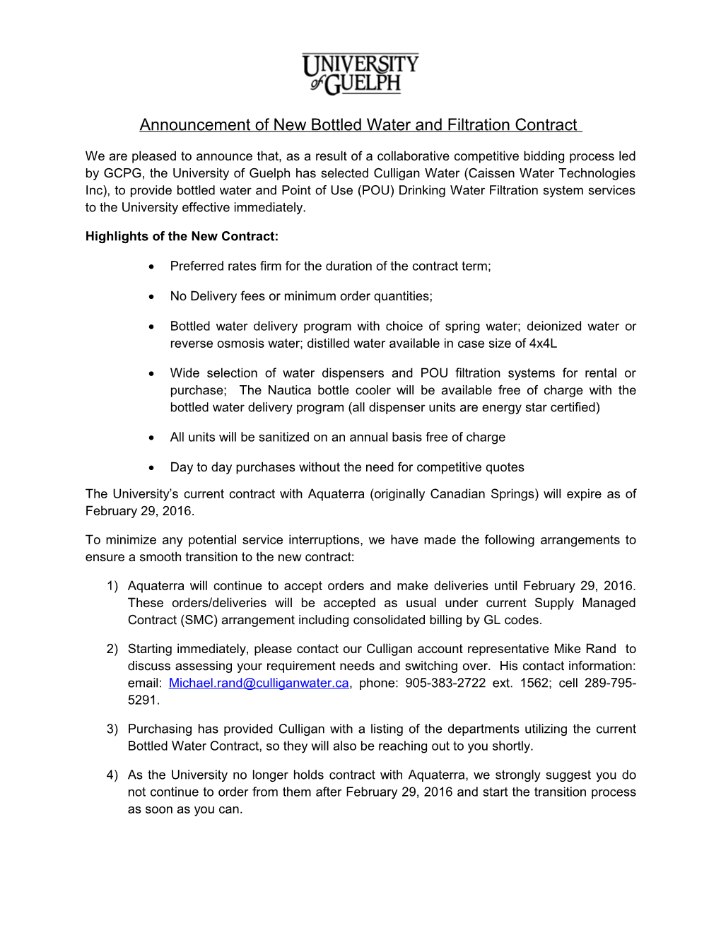 Announcement of New Bottled Water and Filtration Contract