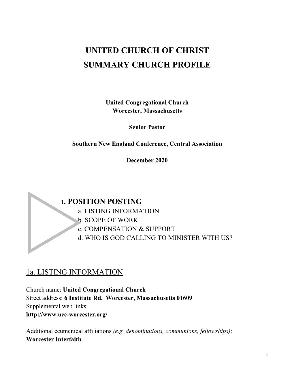 United Church of Christ Summary Church Profile