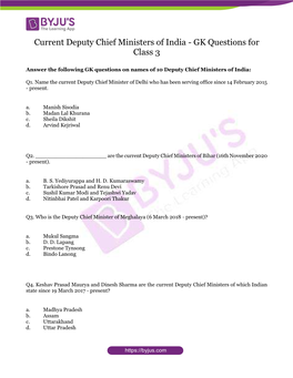 Current Deputy Chief Ministers of India - GK Questions for Class 3