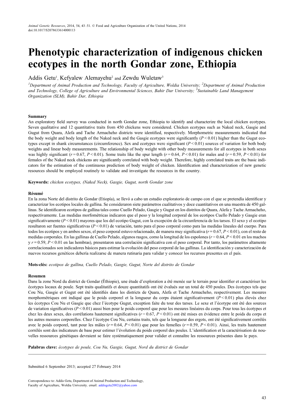 Phenotypic Characterization of Indigenous Chicken Ecotypes in the North Gondar Zone, Ethiopia