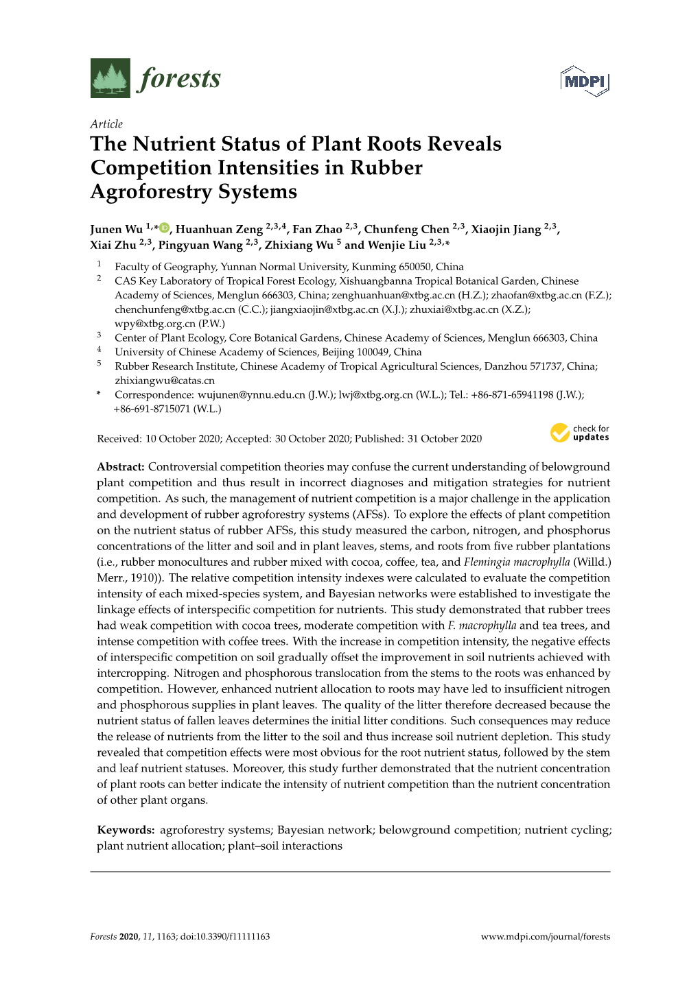 The Nutrient Status of Plant Roots Reveals Competition Intensities in Rubber Agroforestry Systems