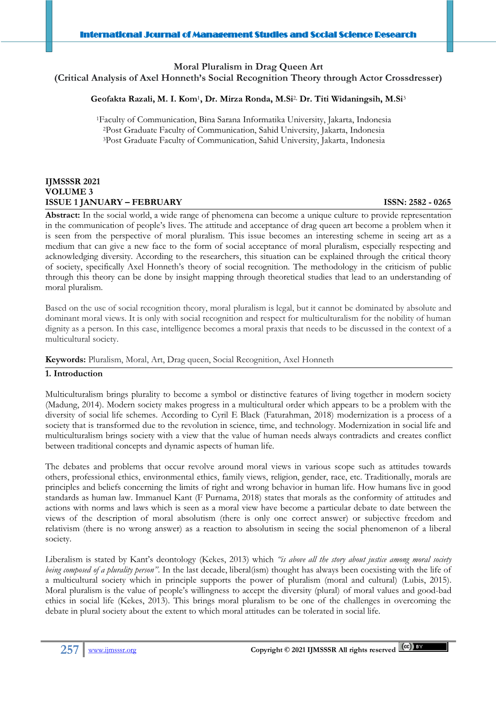 Moral Pluralism in Drag Queen Art (Critical Analysis of Axel Honneth’S Social Recognition Theory Through Actor Crossdresser)