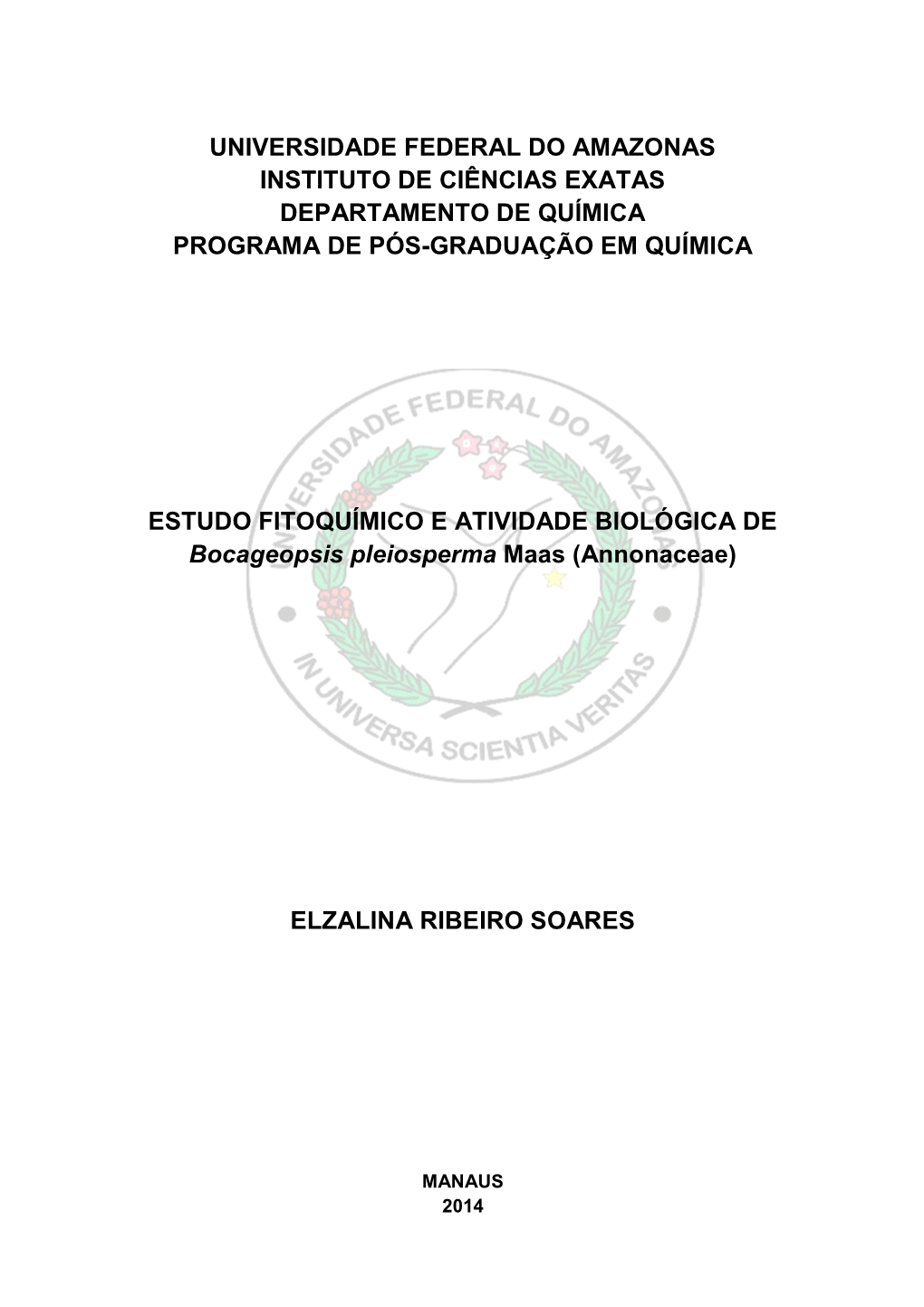 Universidade Federal Do Amazonas Instituto De Ciências Exatas Departamento De Química Programa De Pós-Graduação Em Química